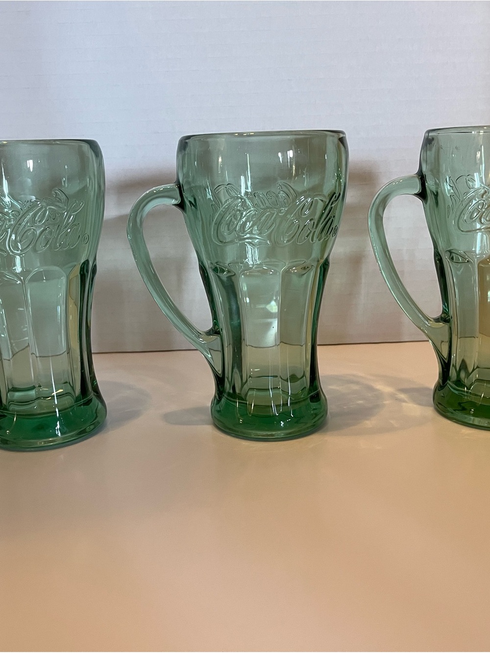 Coca Cola Vintage Libby Green Glass Mug Set with Embossed Script - Set of 3